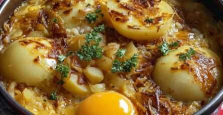 Poêlée de pommes de terre dorées avec oignons fondants et œufs au jaune coulant, servie chaude directement à la poêle.