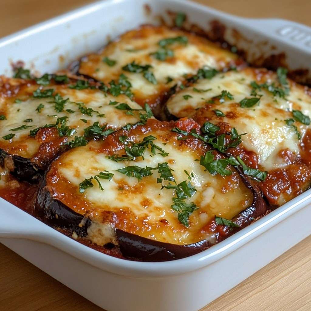 Gratin d’aubergines maison aux tomates concassées, mozzarella fondante et parmesan doré, servi chaud dans un plat à gratin.