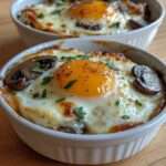 Œufs cocotte au four servis en ramequins, garnis de champignons sautés et de fromage gratiné doré, avec jaune coulant.
