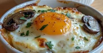 Œufs cocotte au four servis en ramequins, garnis de champignons sautés et de fromage gratiné doré, avec jaune coulant.