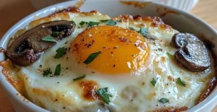 Œufs cocotte au four servis en ramequins, garnis de champignons sautés et de fromage gratiné doré, avec jaune coulant.