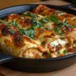 Plat de cannellonis gratinés au poulet nappés de tomates concassées et recouverts de fromage gratiné doré, servis bien chauds.