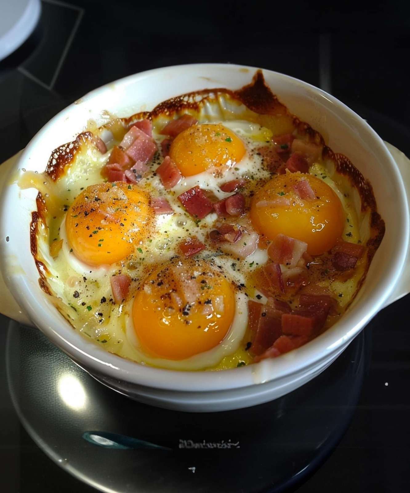 Œufs cocotte cuits au four en ramequins avec fromage de chèvre fondant, lardons fumés croustillants et jaune légèrement coulant.