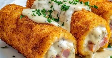 Poulet cordon bleu maison roulé et pané, doré et croustillant, garni de fromage fondant et de jambon, servi bien chaud.