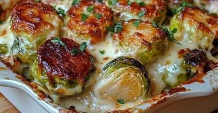 Gratin de choux de Bruxelles au fromage, crémeux et doré au four, servi chaud avec une croûte fondante et gratinée.