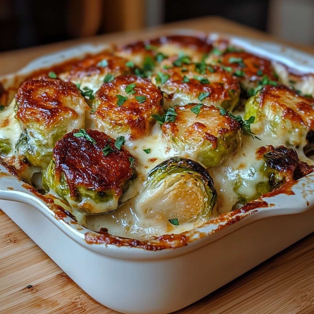 Gratin de choux de Bruxelles au fromage, crémeux et doré au four, servi chaud avec une croûte fondante et gratinée.