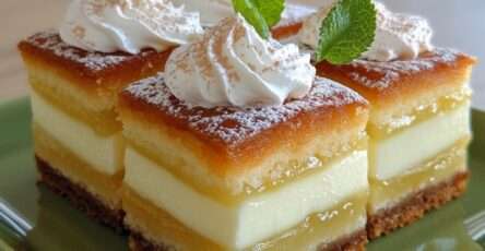 Carrés citron et crème vanille, base biscuitée, couches fondantes et finition au sucre glace, découpés en parts nettes.