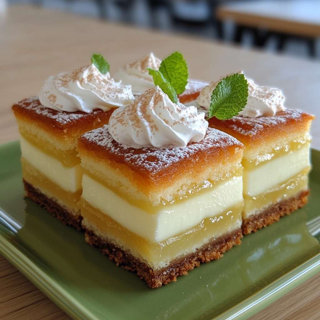 Carrés citron et crème vanille, base biscuitée, couches fondantes et finition au sucre glace, découpés en parts nettes.