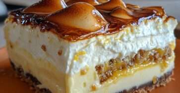 Cheesecake crémeux au caramel beurre salé sur base biscuitée, recouvert d’une meringue dorée et légèrement croustillante.