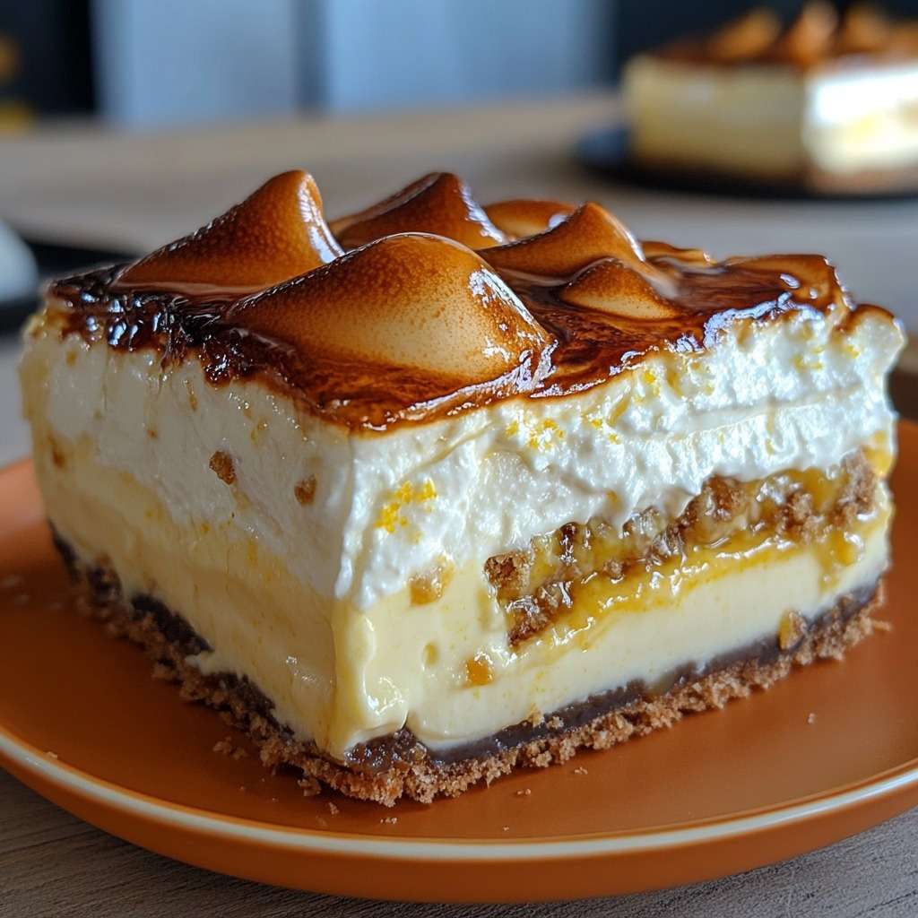 Cheesecake crémeux au caramel beurre salé sur base biscuitée, recouvert d’une meringue dorée et légèrement croustillante.