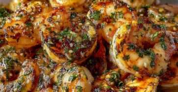 Crevettes sautées à l’ail et aux herbes fraîches, dorées à la poêle, brillantes et juteuses, servies bien chaudes.