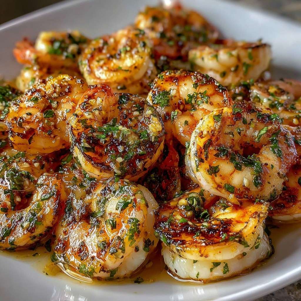 Crevettes sautées à l’ail et aux herbes fraîches, dorées à la poêle, brillantes et juteuses, servies bien chaudes.