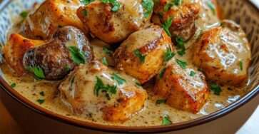 Mijoté de poulet crémeux aux champignons et pommes de terre, sauce onctueuse, servi bien chaud en cocotte.