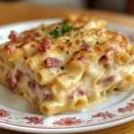 Gratin de pâtes au jambon et fromage doré au four, texture fondante à l’intérieur et croûte gratinée croustillante.