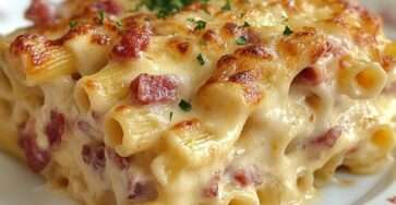 Gratin de pâtes au jambon et fromage doré au four, texture fondante à l’intérieur et croûte gratinée croustillante.