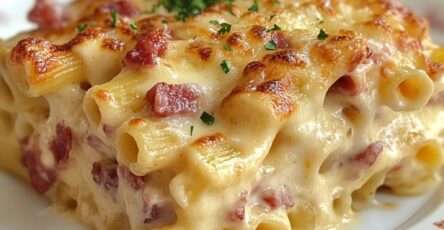 Gratin de pâtes au jambon et fromage doré au four, texture fondante à l’intérieur et croûte gratinée croustillante.