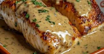 Pavés de saumon poêlés nappés de sauce crème moutardée aux herbes, servis bien chauds dans une poêle.