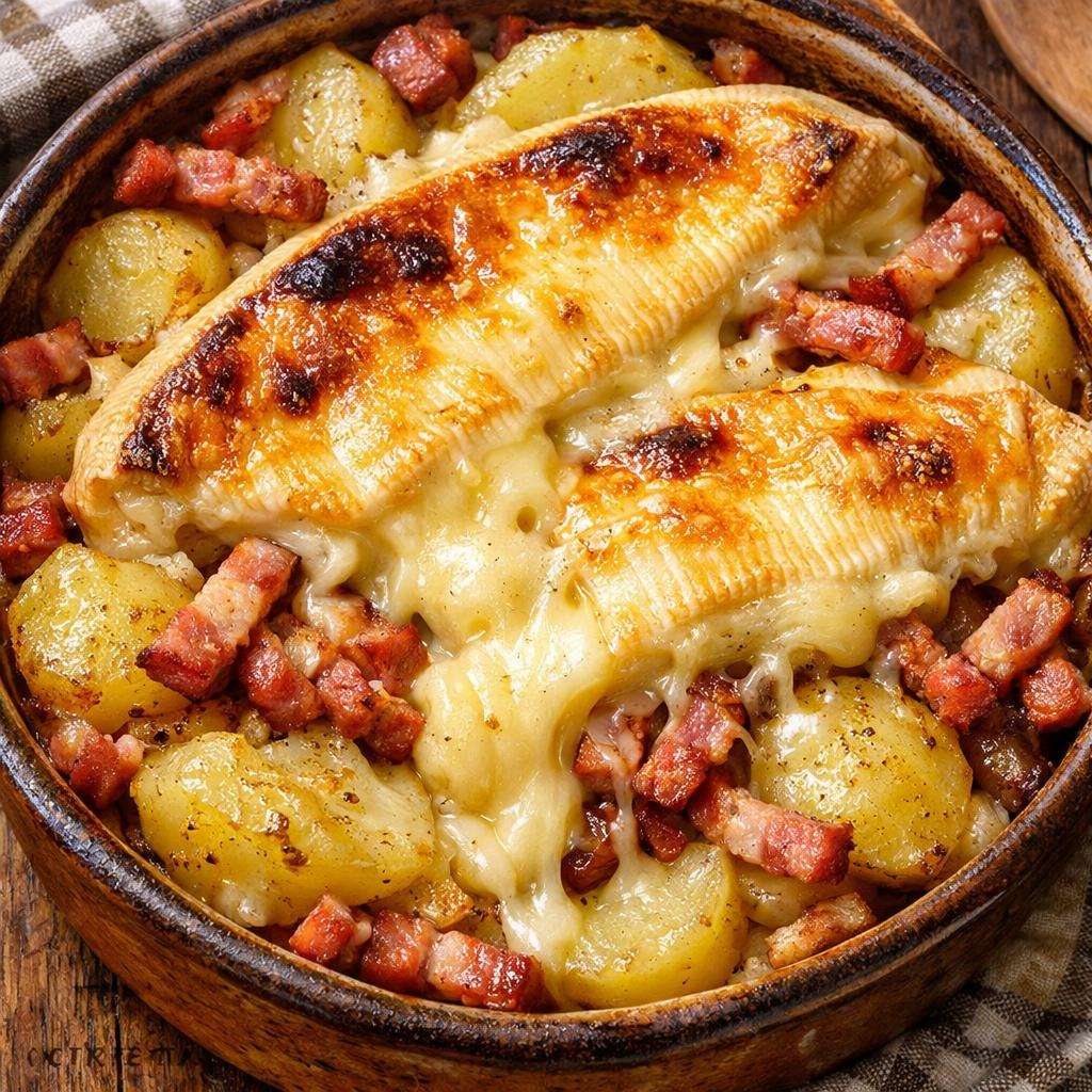 Tartiflette fondante aux pommes de terre, lardons fumés et fromage coulant gratiné au four dans un plat familial doré.