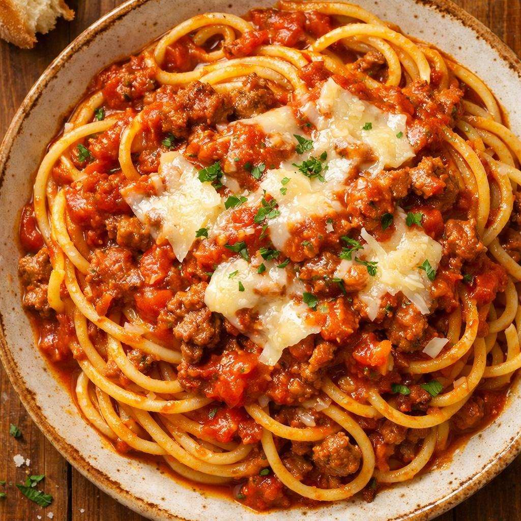 Spaghetti bolognaise maison avec sauce tomate mijotée au bœuf, parmesan râpé et persil frais, servis bien chauds dans une assiette généreuse.