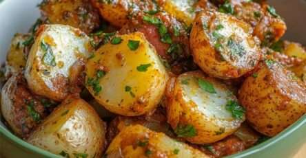 Pommes de terre sautées dorées à la poêle, enrobées de sauce tomate légèrement caramélisée et parsemées de persil frais, servies bien chaudes.