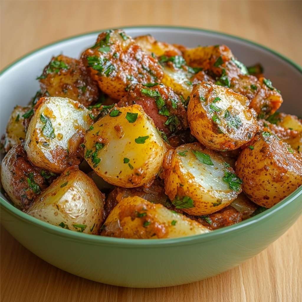 Pommes de terre sautées dorées à la poêle, enrobées de sauce tomate légèrement caramélisée et parsemées de persil frais, servies bien chaudes.