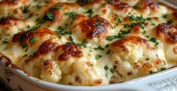 Gratin de chou-fleur au fromage doré au four, nappé de béchamel crémeuse et parsemé de fromage fondu, servi bien chaud.