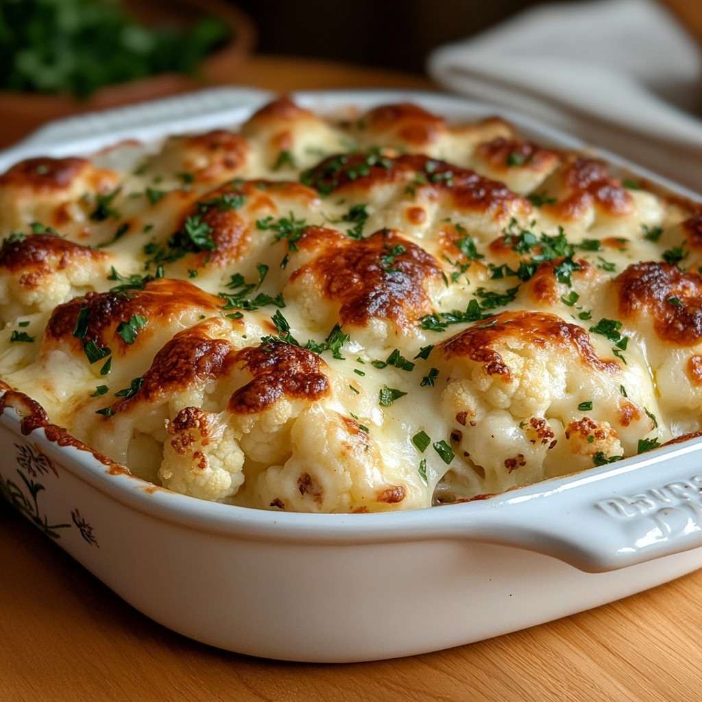 Gratin de chou-fleur au fromage doré au four, nappé de béchamel crémeuse et parsemé de fromage fondu, servi bien chaud.