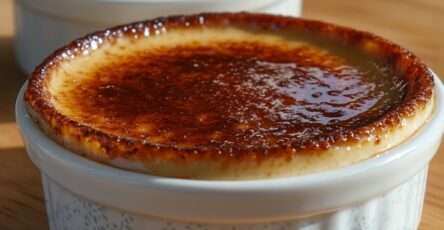 Crème brûlée vanillée maison avec croûte de sucre caramélisée dorée, servie dans un ramequin élégant, texture lisse et fondante.