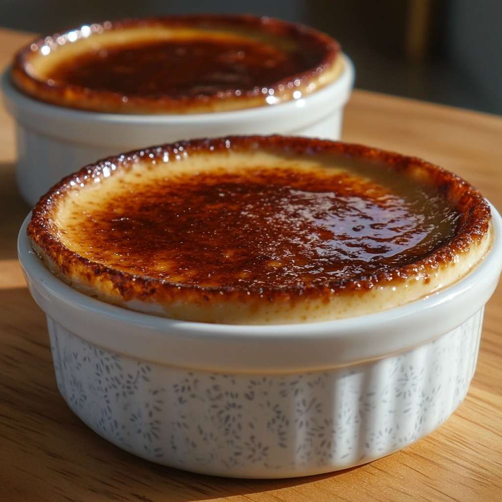 Crème brûlée vanillée maison avec croûte de sucre caramélisée dorée, servie dans un ramequin élégant, texture lisse et fondante.