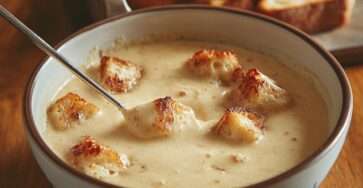 Soupe savoyarde au fromage servie bien chaude avec croûtons dorés et croustillants, texture crémeuse et fondante dans un bol rustique.