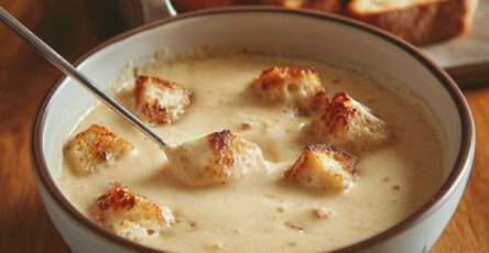 Soupe savoyarde au fromage servie bien chaude avec croûtons dorés et croustillants, texture crémeuse et fondante dans un bol rustique.