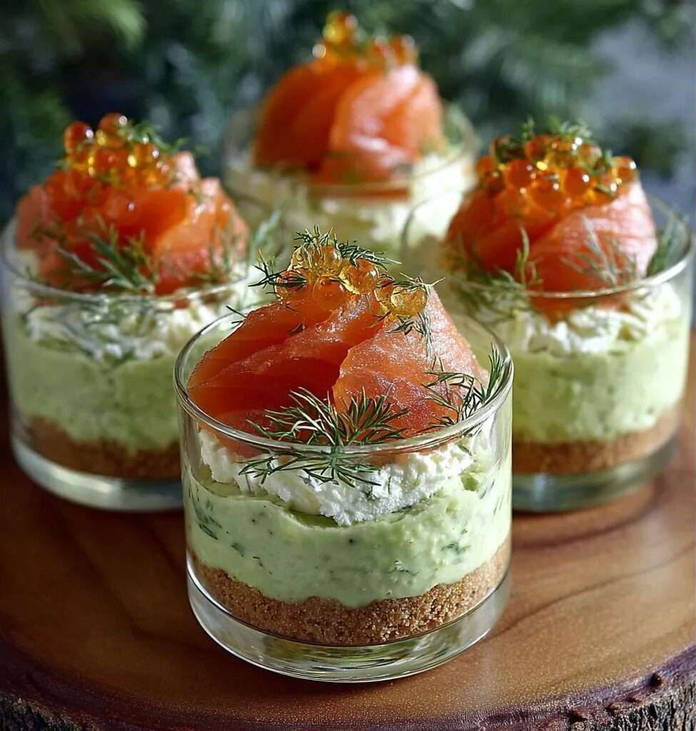 Verrines avocat et saumon fumé en couches, crème d’avocat onctueuse, fromage frais et saumon fumé, décorées d’aneth et d’œufs de saumon.