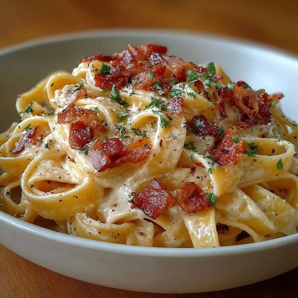Tagliatelles nappées de sauce crémeuse aux lardons dorés et fromage fondant, parsemées de persil frais, servies bien chaudes.