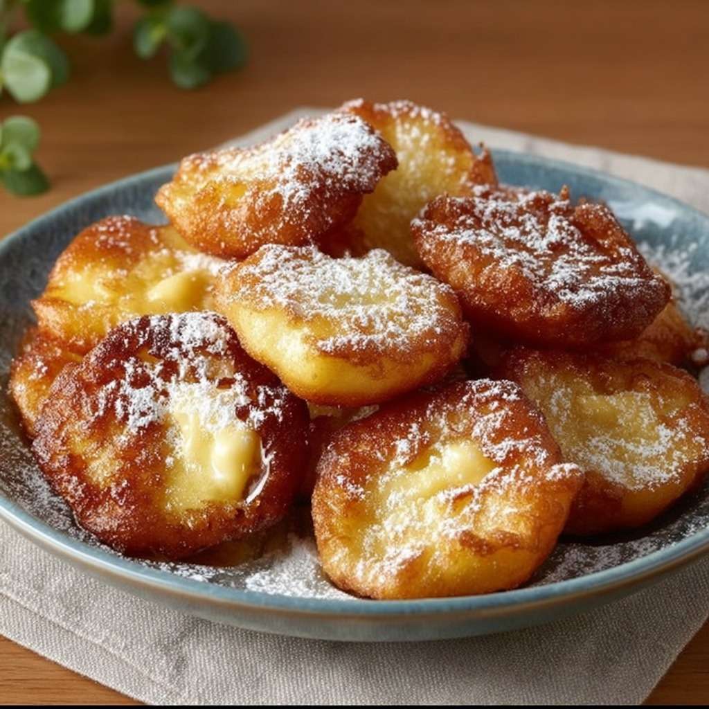 Beignets de pommes dorés à la poêle, saupoudrés de sucre glace, servis chauds sur une assiette, texture croustillante et cœur fondant.