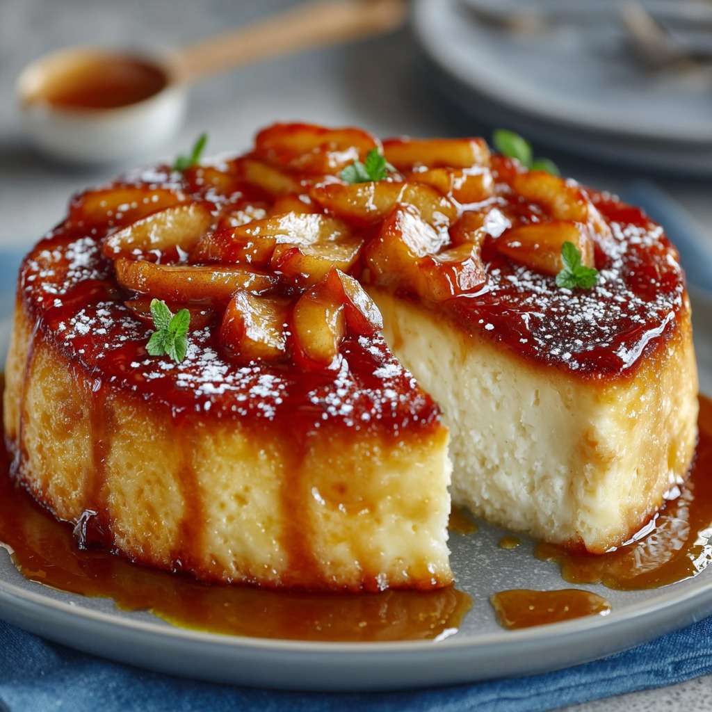 Flan aux pommes et yaourt doré au four, texture fondante et moelleuse, nappé de miel ou caramel, servi en parts avec morceaux de pommes.