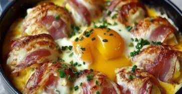 Œufs roulés au jambon nappés de crème et fromage fondant gratiné au four, servis bien chauds avec herbes fraîches ciselées.