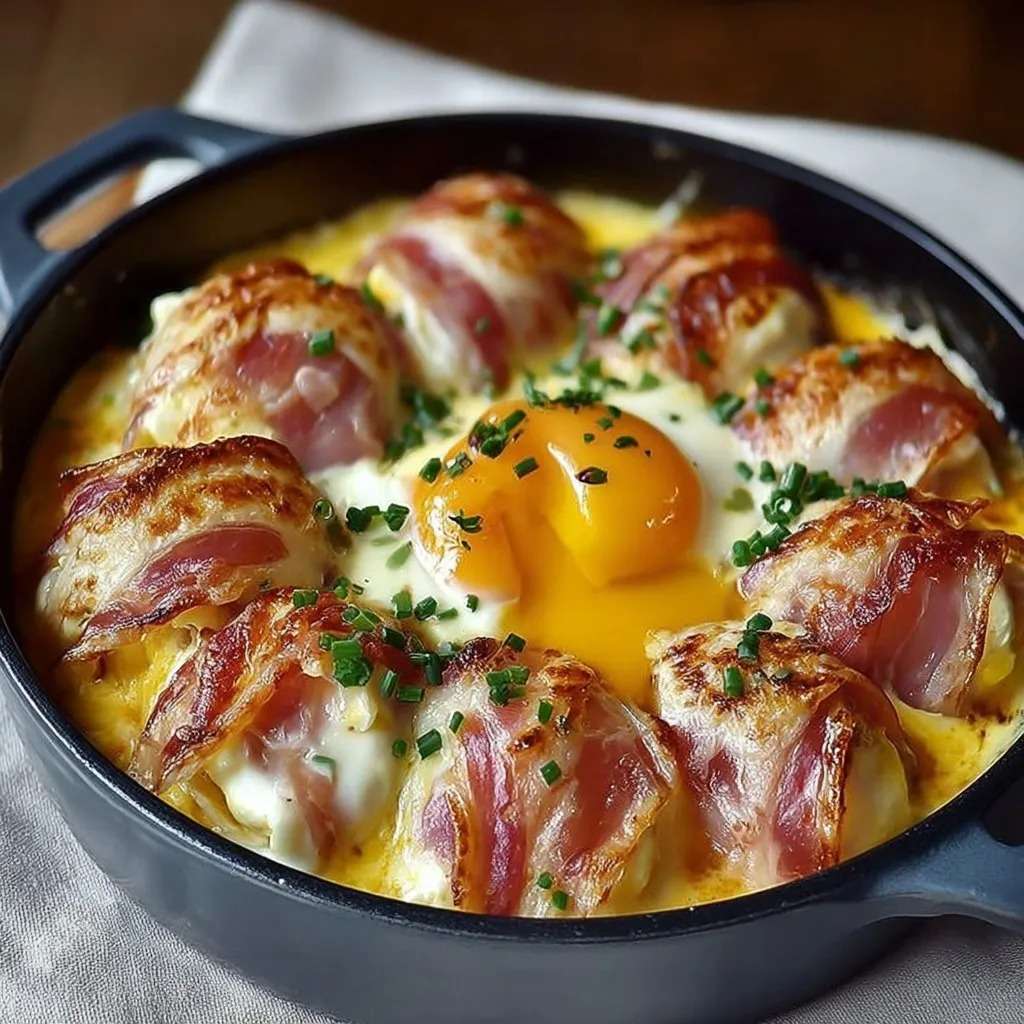 Œufs roulés au jambon nappés de crème et fromage fondant gratiné au four, servis bien chauds avec herbes fraîches ciselées.