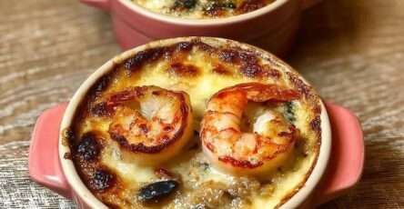 Cassolette de la mer crémeuse avec noix de Saint-Jacques dorées, crevettes roses et champignons fondants, gratinée et servie chaude.