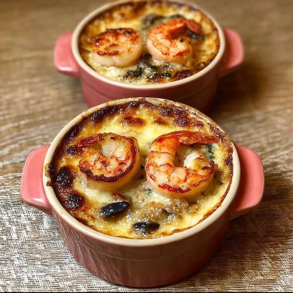 Cassolette de la mer crémeuse avec noix de Saint-Jacques dorées, crevettes roses et champignons fondants, gratinée et servie chaude.