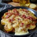 Poêlée de pommes de terre dorées avec lard fumé croustillant, oignons fondants et herbes aromatiques, servie bien chaude à la poêle.
