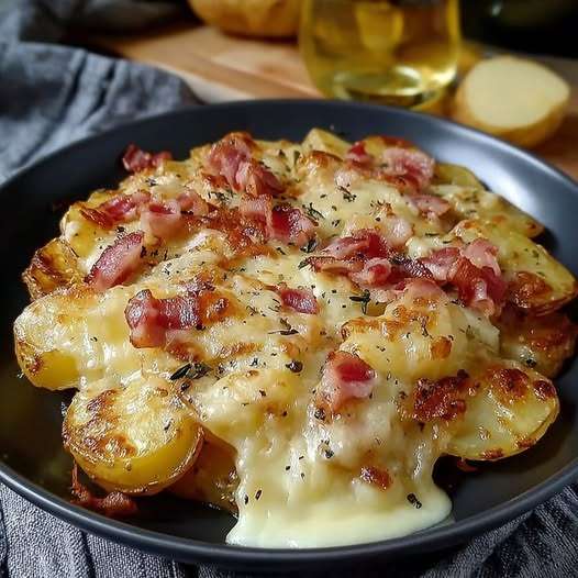 Poêlée de pommes de terre dorées avec lard fumé croustillant, oignons fondants et herbes aromatiques, servie bien chaude à la poêle.