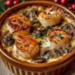 Cassolettes individuelles garnies de Saint-Jacques dorées, crevettes fondantes et champignons crémeux, servies bien chaudes avec persil frais.