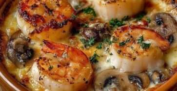 Cassolettes individuelles garnies de Saint-Jacques dorées, crevettes fondantes et champignons crémeux, servies bien chaudes avec persil frais.
