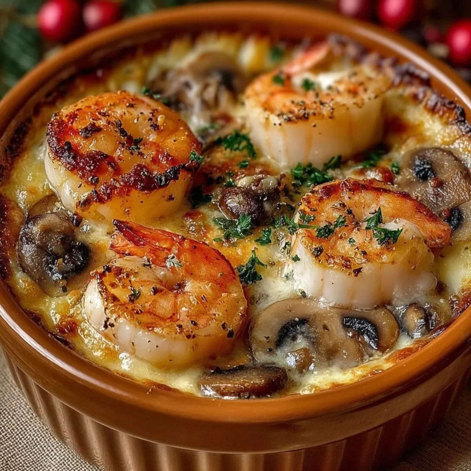 Cassolettes individuelles garnies de Saint-Jacques dorées, crevettes fondantes et champignons crémeux, servies bien chaudes avec persil frais.