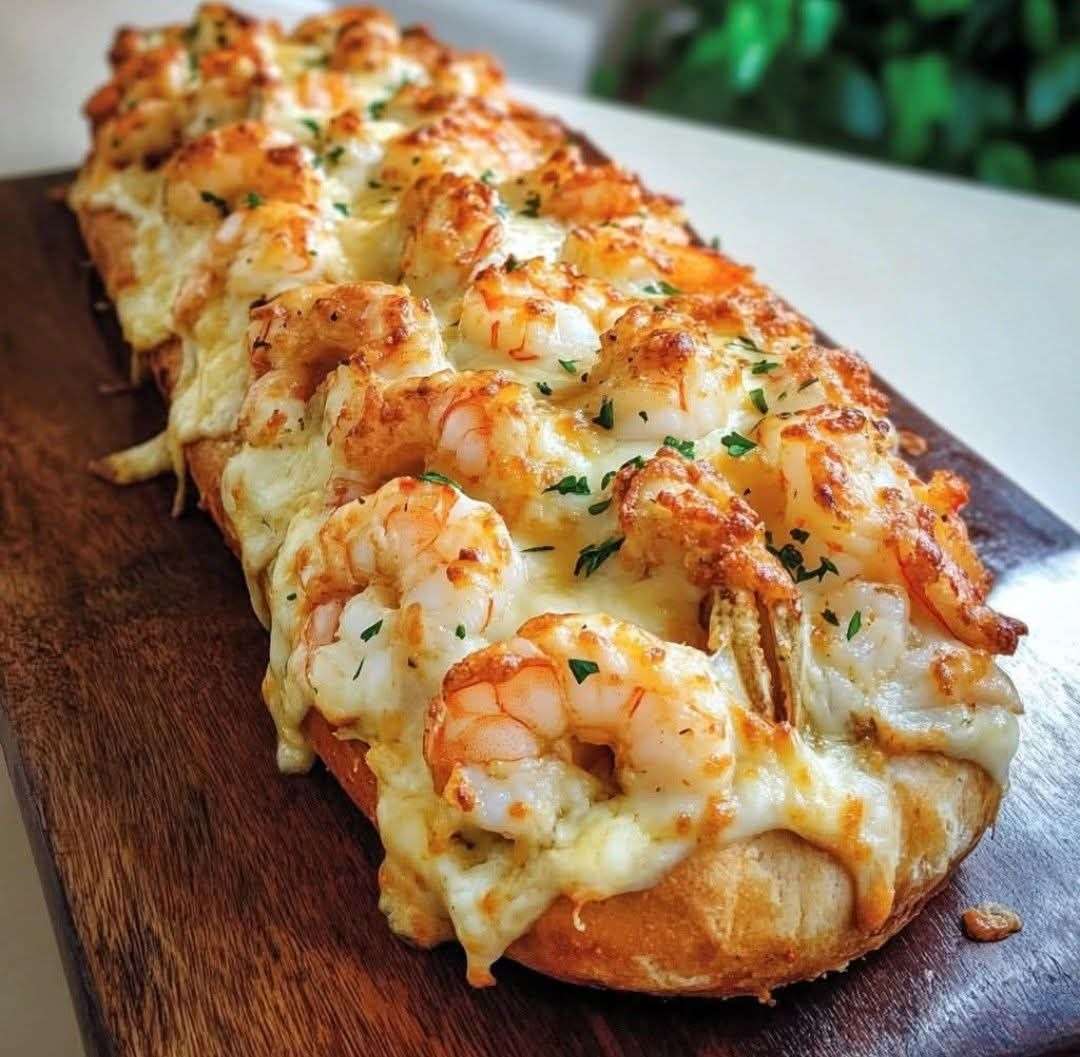 Baguette gratinée coupée en deux, garnie de crevettes, sauce crémeuse à l’ail et fromage fondu doré, parsemée d’herbes fraîches.
