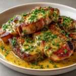 Côtes de porc dorées à la poêle nappées d’une sauce charcutière brillante au vin blanc et à la moutarde, servies chaudes avec persil frais.