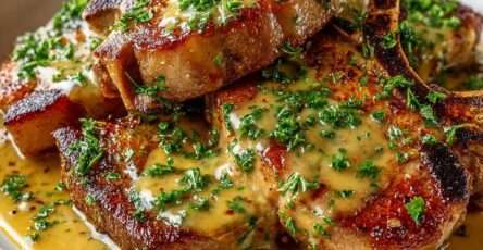 Côtes de porc dorées à la poêle nappées d’une sauce charcutière brillante au vin blanc et à la moutarde, servies chaudes avec persil frais.