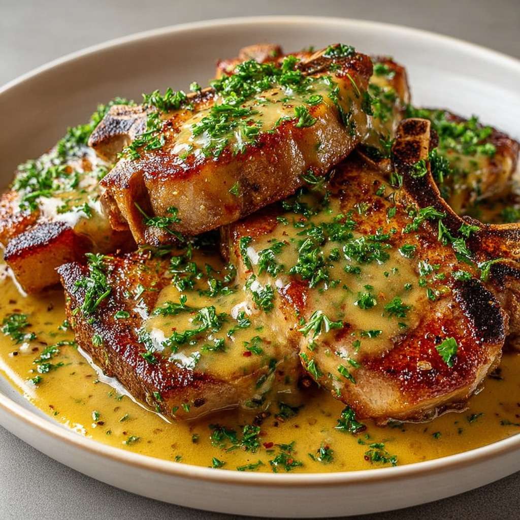 Côtes de porc dorées à la poêle nappées d’une sauce charcutière brillante au vin blanc et à la moutarde, servies chaudes avec persil frais.