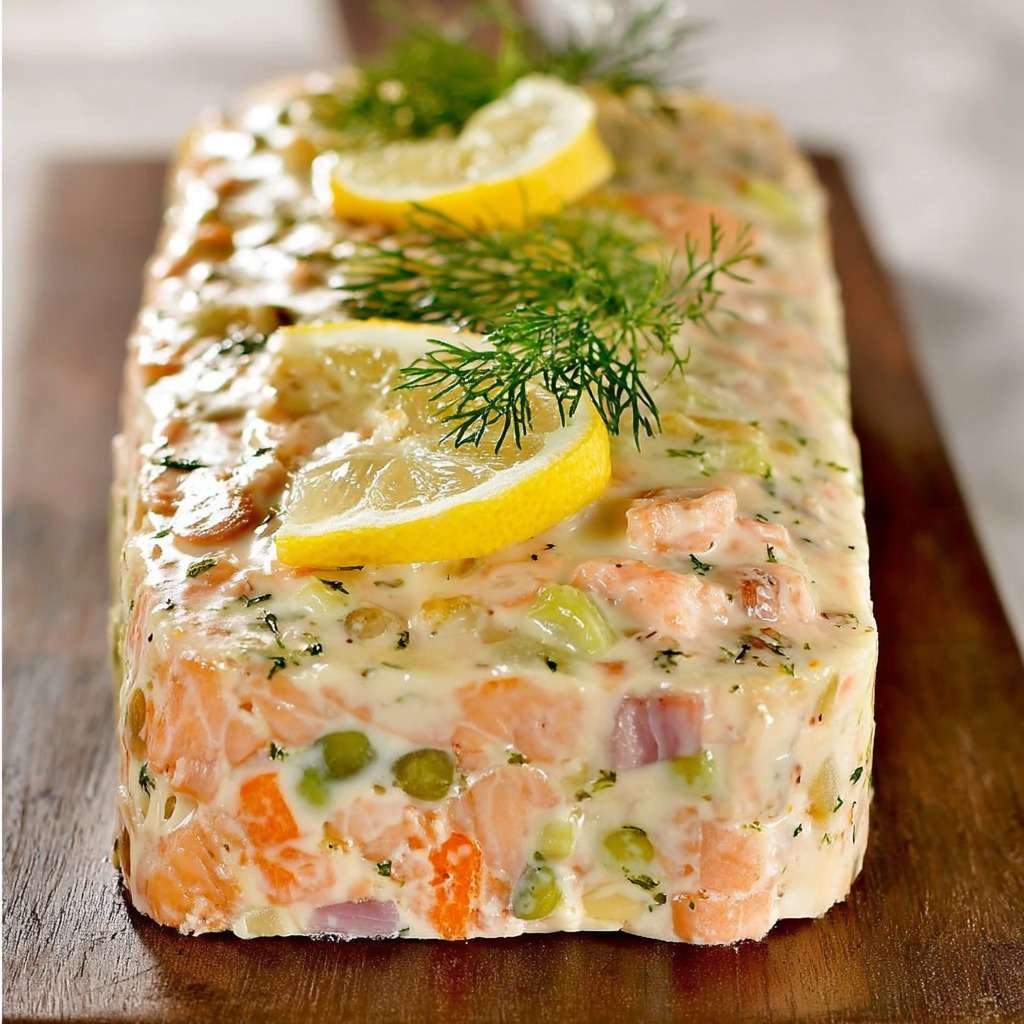 Terrine de poisson froide tranchée, texture fondante aux légumes, décorée d’aneth frais et de rondelles de citron, servie bien fraîche.
