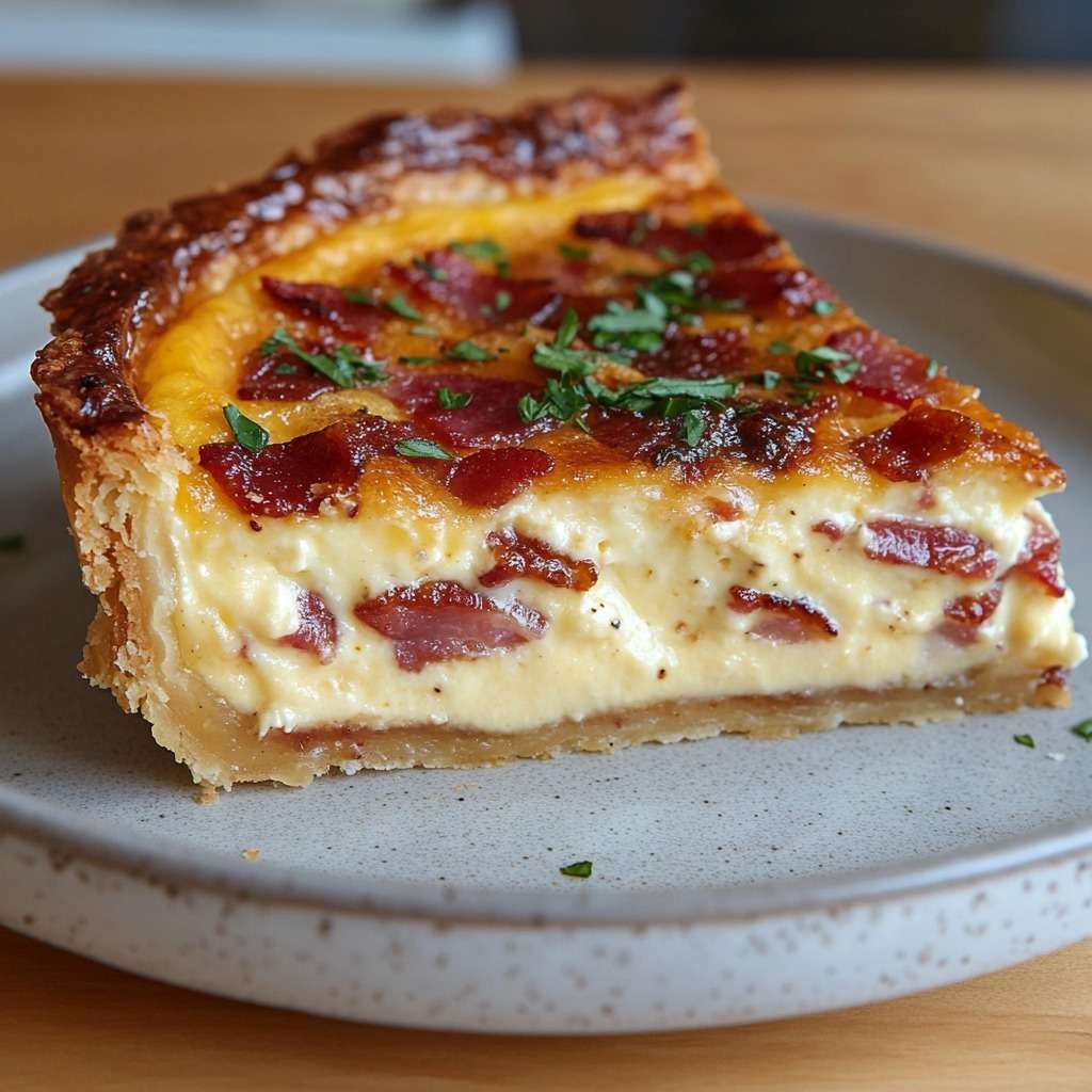 Quiche aux lardons et fromage dorée au four, texture fondante à l’intérieur, servie en parts avec herbes fraîches.